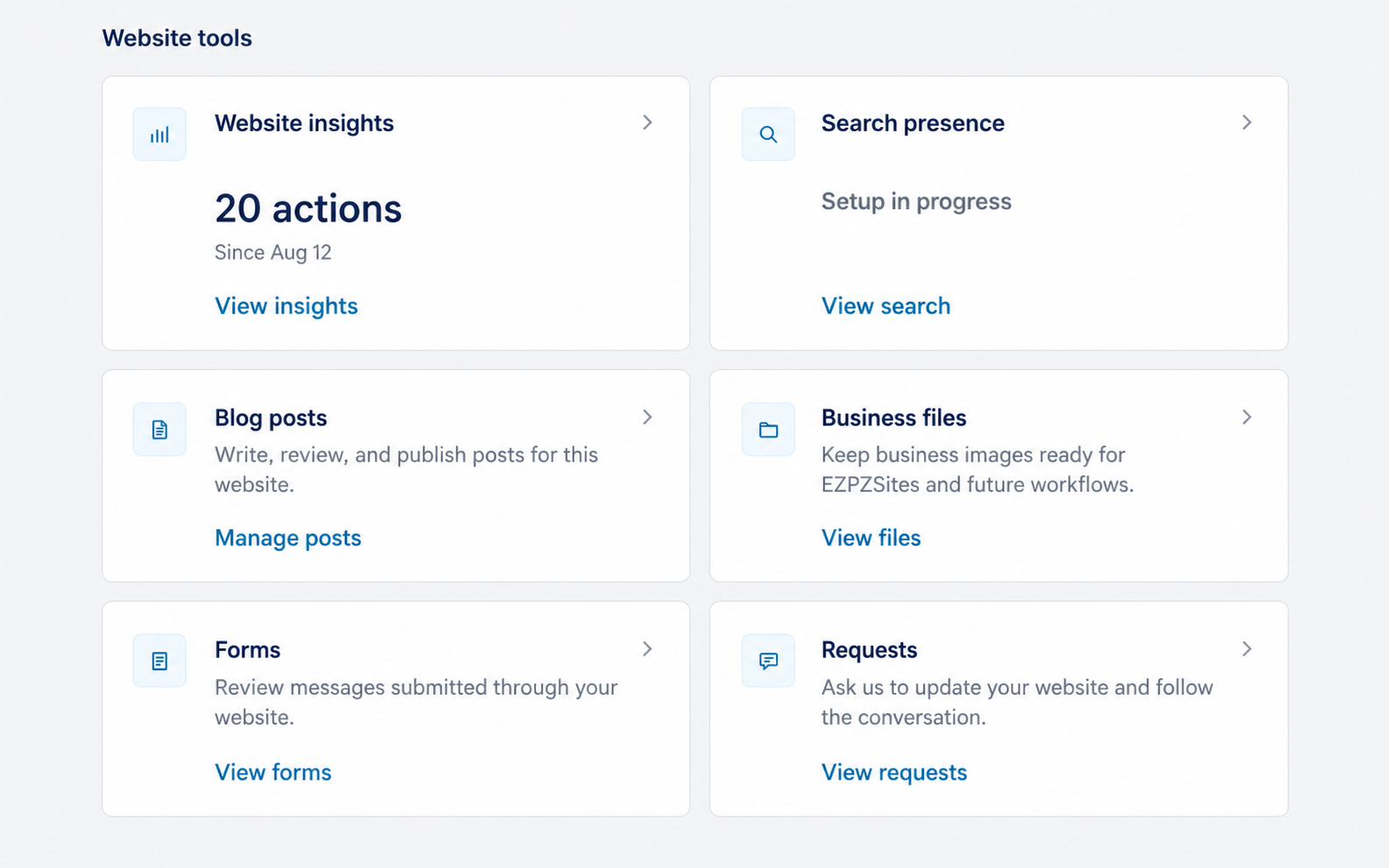 EZPZ Central overview with website insights, search, blog, files, forms, and request tools
